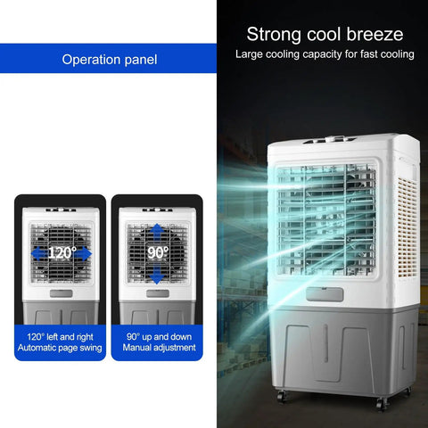 Heavy Duty Portable Evaporative Swamp Cooler Packing Three Fan Speeds One Twenty Degree Sweep And A Massive Hundred Gallon Tank for cooling with operation panel.