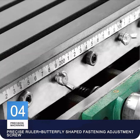 Close-up of a heavy duty two axis four way compound milling table cross table for milling and drilling machines with precision ruler.