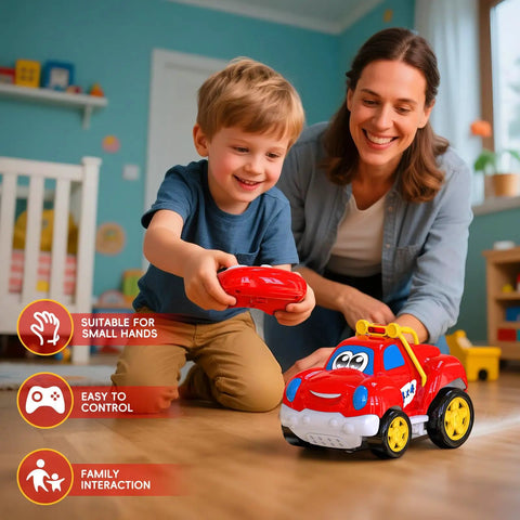 Child playing with a red Tot Friendly Remote Control Car And Pickup Truck Toy For Kids Ages 2 To 4, Cartoon RC Vehicle For Toddlers.