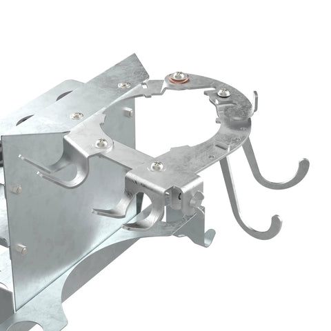 Heavy Duty Welder Cylinder Organizer Snap On Plated Steel Clip Mount Fits Wide Tank Shoulders Holds Welding Guns Cups And More Solid Workshop Gear Rig close-up view of steel clip with mounting hooks.