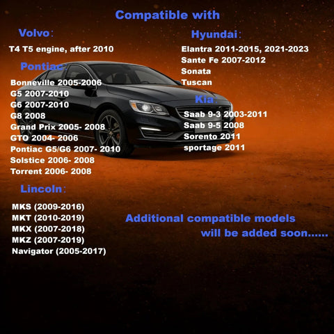 Car list for Third Gen Fuel Tank Lock Ring Tool For Fuel Pump Senders Removal And Install Half Inch Drive Impact Wrench Heavy Duty And Lightweight Upgrade High Carbon Steel Compatible With Ford Chrysler Dodge Chevy GMC Jeep BMW Benz Volvo Nissan, showing compatibility with various Volvo, Pontiac, Lincoln, Hyundai, and Kia models.