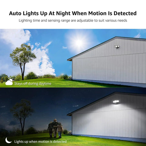 LED Security Light Outdoor Motion Sensor Flood Light With 3 Adjustable Heads 270 Degree Wide Coverage on garage wall