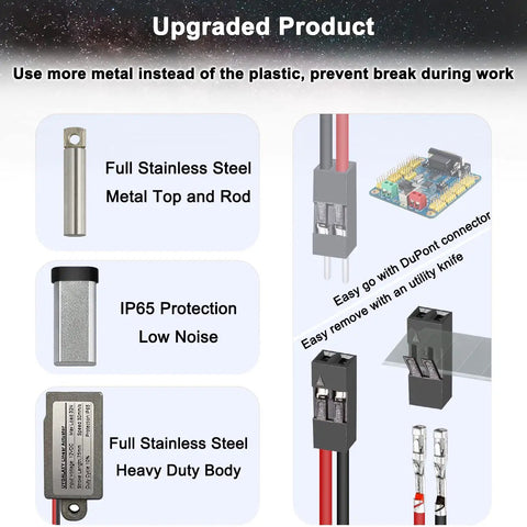 Collage of stainless steel 12V mini electric linear actuator components showing metal housing and DuPont connector