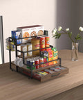 4-Tier Wooden Coffee Bar Organizer With Metal Frame And 36 K Cup Drawer For Countertop Storage in kitchen loaded with items.