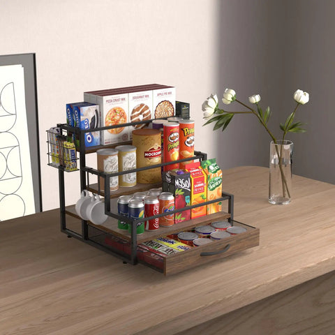 4-Tier Wooden Coffee Bar Organizer With Metal Frame And 36 K Cup Drawer For Countertop Storage in kitchen loaded with items.