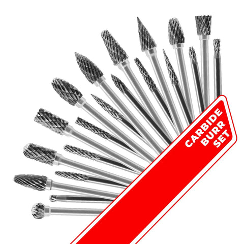 Tungsten Carbide Rotary Burr Set 20 Pc One Eighth Inch Shank Double Cut Bits displayed in a fanned arrangement
