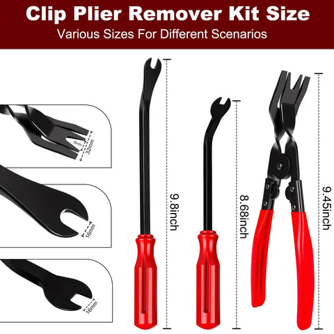 Solid Gear 8 Piece Auto Trim Removal Kit With Non Scratch Pry Bars And Heavy Duty Fastener Clip Pliers For Smooth Car Panel And Dash Restoration Jobs Daily showing plier sizes and features.