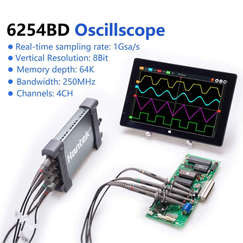 4-Channel Oscilloscope With AWG, 250 MHz Bandwidth, 1GSa Per Sec Sampling, 8-Piece Kit and USB Powered, displaying waveform.