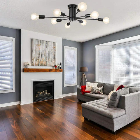 Eight Light Black Sputnik Ceiling Fixture For Kitchen And Dining Rooms, ideal for living room, shown installed in modern setting.
