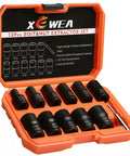 12 Piece Lug Nut Remover Kit With One Half Inch Drive for Stripped Fasteners in orange case, showing 10-27mm sizes and steel material