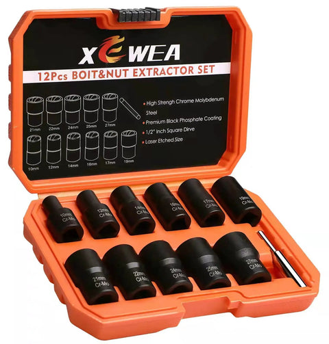 12 Piece Lug Nut Remover Kit With One Half Inch Drive for Stripped Fasteners in orange case, showing 10-27mm sizes and steel material