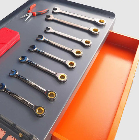 Heavy Duty Steel Workbench With Two Lockable Drawers And Pegboard Organizer For Garages Workshops And Machine Shops tools organized on top drawer.