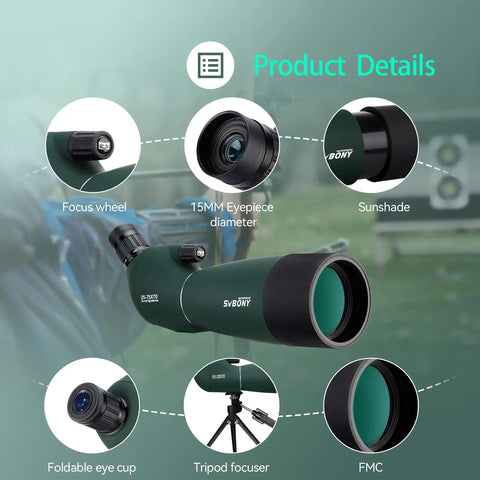 Angled Spotting Scope With 25-75x70 Zoom And Tripod For Target Shooting, Easy To Focus, Dope For Bird Watching And Scenic Views, 70mm Objective Lens Delivers Bright, Crisp Images For Beginners To Enthusiasts showing focus wheel, 15mm eyepiece, and sunshade