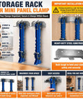 Premium 19 Inch Panel Clamps With Bonus Storage Rack delivering space-saving organization for woodworking tools.