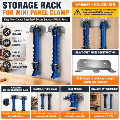 Premium 19 Inch Panel Clamps With Bonus Storage Rack delivering space-saving organization for woodworking tools.