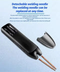 Portable DIY Spot Welder Handheld With 11 Gear Control showing detachable welding needle and cover on blue background