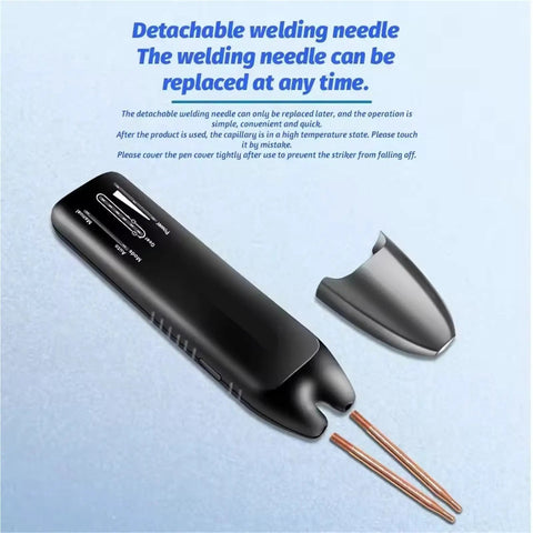 Portable DIY Spot Welder Handheld With 11 Gear Control showing detachable welding needle and cover on blue background