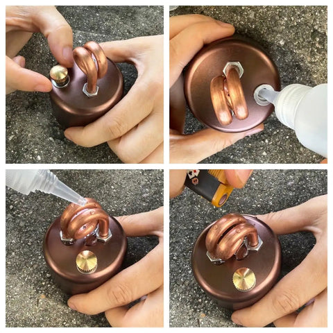 Hands demonstrating setup of Backpacking Mini Alcohol Stove With Windproof Leak Proof Rubber Grip Ultra Compact Camp Gear