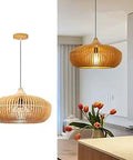 Wooden Pendant Light For Kitchen Island, Rustic Farmhouse Wood Ceiling Lamp with tulips in a modern kitchen setting