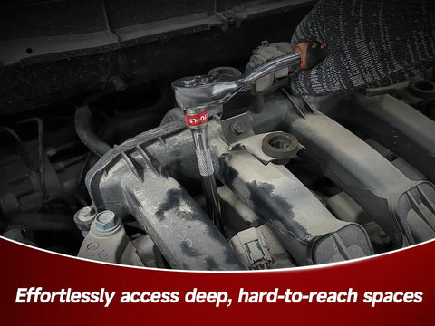 Mechanic using 7 Piece Socket Extension Set Quarter Inch Drive With Adapters And U Joint Includes 3 6 9 12 Inch Extensions in car engine