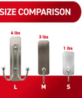 Size comparison chart showing hooks holding 4 lbs, 3 lbs, and 1 lbs for Damage Free Wall Hanger Set With Adhesive Strips Matte Black Double Hooks No Tools Needed Holds Up To 4 Lbs Easy Peel And Stick Install Perfect For Home Decor Cabinets And Doors Without Holes
