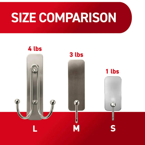 Size comparison chart showing hooks holding 4 lbs, 3 lbs, and 1 lbs for Damage Free Wall Hanger Set With Adhesive Strips Matte Black Double Hooks No Tools Needed Holds Up To 4 Lbs Easy Peel And Stick Install Perfect For Home Decor Cabinets And Doors Without Holes