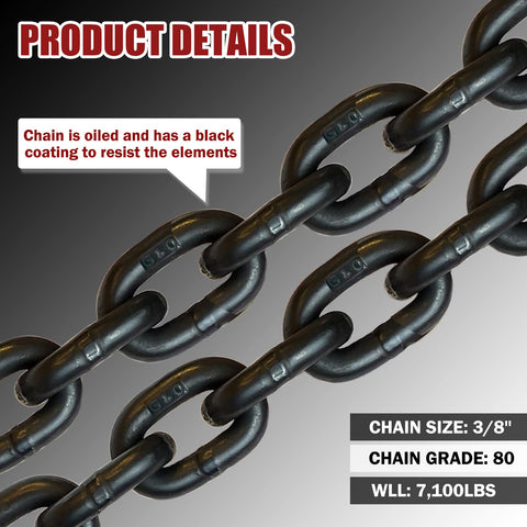G80 Transport Binder Chain Three Eighth Inch By Twenty Foot Heavy Duty Tow Chain With Clevis Grab Hooks 7100 Lbs Safe Working Load Black