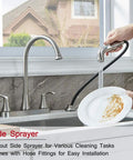 Sleek Brushed Nickel Kitchen Faucet Featuring Pull Out Side Spray with hose fittings, washing dishes at kitchen sink.