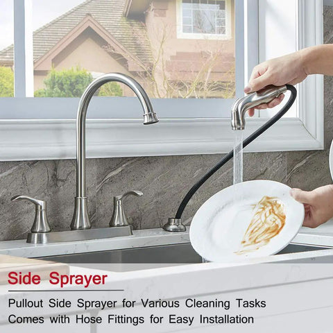 Sleek Brushed Nickel Kitchen Faucet Featuring Pull Out Side Spray with hose fittings, washing dishes at kitchen sink.