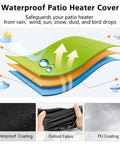 Heavy Duty Tough As Nails Square Patio Heater Cover Waterproof Outdoor Heater Cover With Adjustable Drawstring Fits 62 Inch Tall Propane Heaters Yard Ready Weatherproof Protection with waterproof coating, oxford fabric, and PU coating.