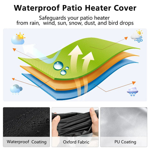 Heavy Duty Tough As Nails Square Patio Heater Cover Waterproof Outdoor Heater Cover With Adjustable Drawstring Fits 62 Inch Tall Propane Heaters Yard Ready Weatherproof Protection with waterproof coating, oxford fabric, and PU coating.