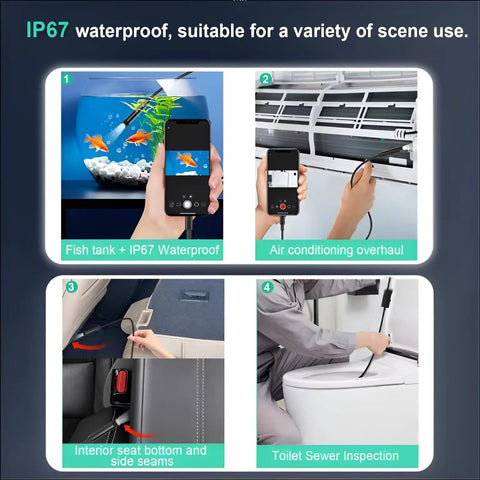 Dual Lens Endoscope Camera With Light And Eight Adjustable LED Lights, IP67 waterproof usage scenarios in fish tank, air conditioning, car seat, and toilet sewer inspection
