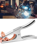 Heavy Duty 500 Amp Power Welding Ground Clamp With Copper Plated Jaw And Braided Shunt Wire, shown from side, stainless steel body.