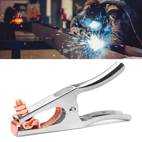 Heavy Duty 500 Amp Power Welding Ground Clamp With Copper Plated Jaw And Braided Shunt Wire, shown from side, stainless steel body.