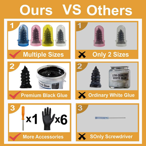 64 Piece Tire Repair Kit With Four Sizes Screw In Plugs, Nitrile Gloves And Screwdriver comparison with competitor products