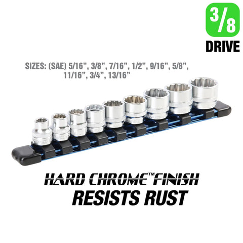 Stubby Socket Set 9-Piece SAE 12-Point 3/8 Drive Sockets With Hard Chrome Finish displayed on tool rack