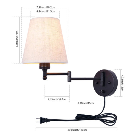 7 Inch Plug In Wall Sconce With Dimmable Stepless Brightness Fabric Linen Shade for Bedroom Reading Room and Hotel Ambience