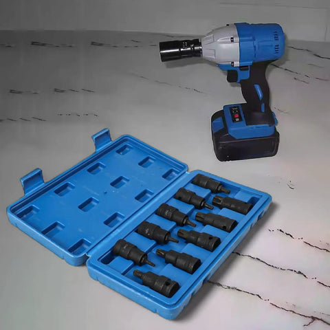Rock Solid 10PC Socket Adapter Set With 1/2 Inch Drive Bit Holder Featuring T20 To T70 Star Head Screwdriver Bits Made From Heavy Duty Chrome Vanadium Steel For All Your Tough Jobs And Serious DIY Repairs This Kit Is A Total Game Changer For Any Garage. 10-piece chrome vanadium socket adapter set in blue case with cordless impact wrench