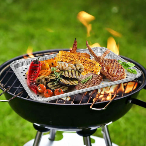 25 Pack Disposable Aluminum Grill Pans For Outdoor Cooking And Camping Large 16 By 12 Inch Aluminum Trays With Holes Great For BBQ Grilling