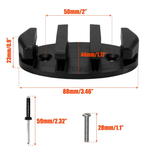 Heavy Duty Kayak Cleat Kit for Anchor and Rigging, Black Nylon Cleat with Stainless Steel Screws, component dimensions shown