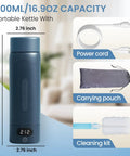 On The Go Travel Electric Kettle Compact Mini Water Boiler 316 Stainless Steel Interior 16.9 Oz Capacity Four Temperature Settings Fast Boil Auto Shut Off Boil Dry Protection Blue Spruce Finish with power cord, carrying pouch, and cleaning kit.