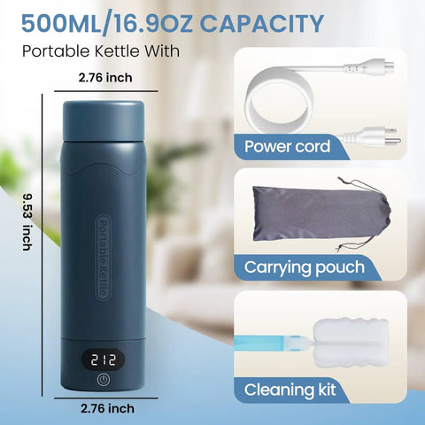 On The Go Travel Electric Kettle Compact Mini Water Boiler 316 Stainless Steel Interior 16.9 Oz Capacity Four Temperature Settings Fast Boil Auto Shut Off Boil Dry Protection Blue Spruce Finish with power cord, carrying pouch, and cleaning kit.