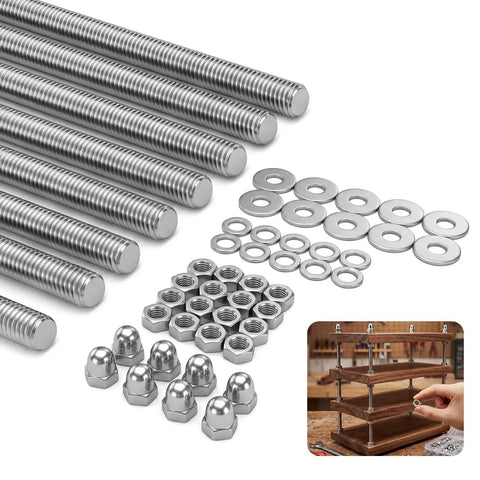 52 Piece Stainless Steel M6 Hardware Kit With 10 Inch Threaded Rods, Hex Lock Nuts, Acorn Cap Nuts, And Flat Washers for furniture assembly