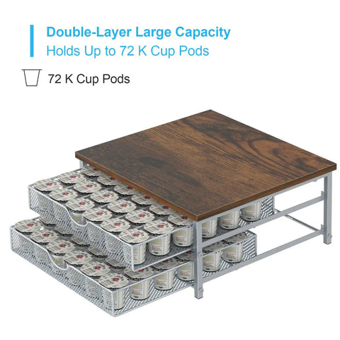 Rustic Wood And Metal Coffee Pod Holder With Sliding Drawers, 72 Pod Storage Organizer For Counter Or Coffee Station, Silver Finish
