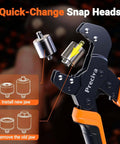 All In One Grommet Tool Kit With Four Jaw Sizes One Half Inch One Quarter Inch Five Sixteenths Inch Three Eighths Inch For Quick Change Eyelet Setting Includes 370 Grommets Handheld Pliers showing quick-change snap heads