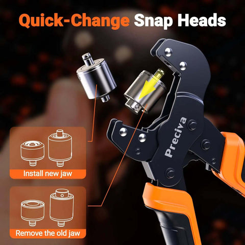 All In One Grommet Tool Kit With Four Jaw Sizes One Half Inch One Quarter Inch Five Sixteenths Inch Three Eighths Inch For Quick Change Eyelet Setting Includes 370 Grommets Handheld Pliers showing quick-change snap heads