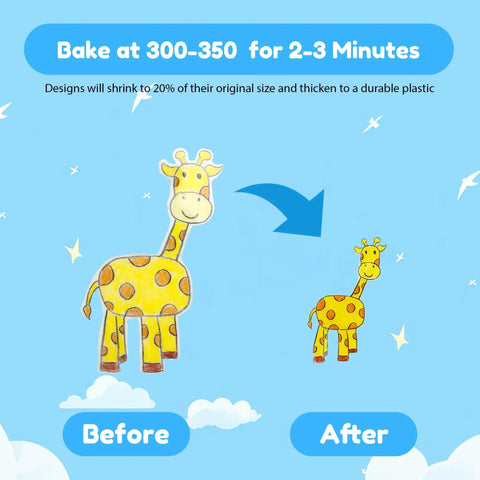 Giraffe shrink art comparison in All In One Shrink Plastic Craft Kit For DIY Keychains And Shrink Art With 198 Pieces.