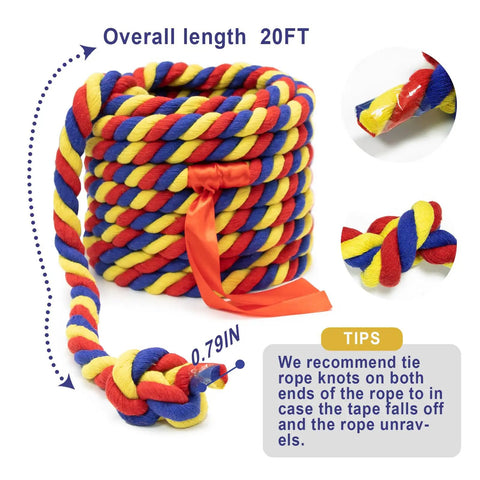 Coiled 20ft Tug Of War Rope Kit for Field Day and Backyard Fun, colorful cotton rope with center line and tips inset view