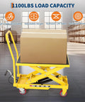 GarveeTech hydraulic lift table cart, yellow, wheeled, 1100 lb capacity, box on platform.
