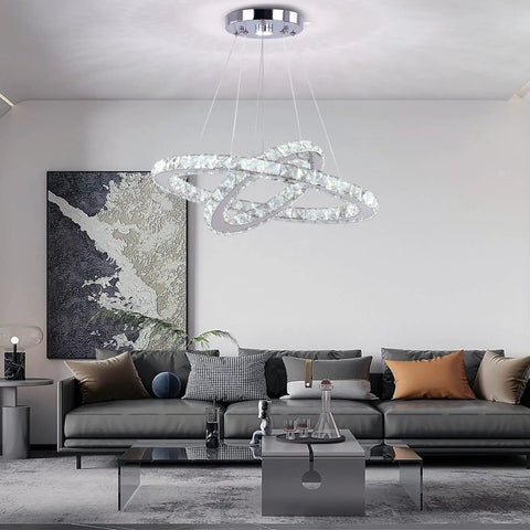 LED Modern Crystal Ring Pendant Chandelier With Two Adjustable Rings And K9 Crystals, Stainless Steel Ceiling Light Fixture, 19.7 By 11.8 Inches, Adjustable Cable Height Up To 44.3 Inches, White Finish For Dining Room And Living Room